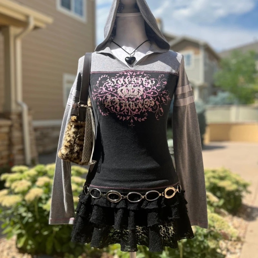 Black and Gray Hooded Dress with Pink Design
